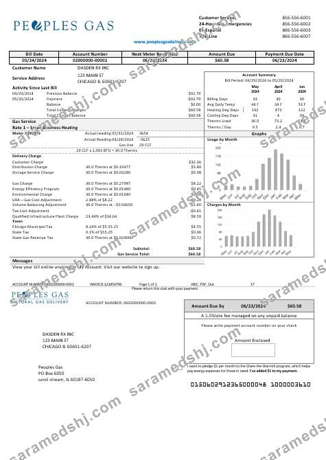 USA Illinois Peoples Gas business utility bill template in Word and PDF formats